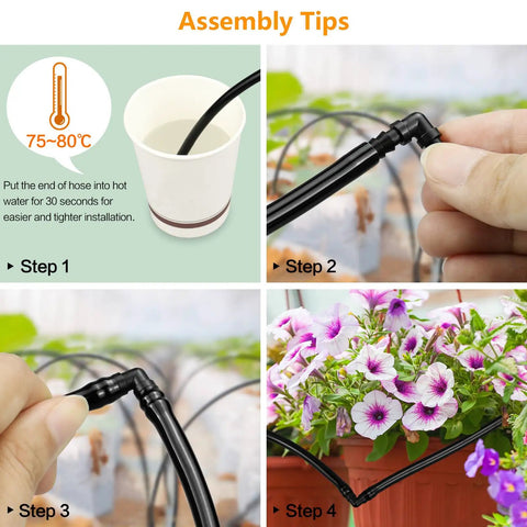 Quarter Inch Drip Irrigation Fittings Kit, 220 Pcs For Drip Systems assembly tips with close-up of tubing installation steps