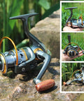Smooth As Butter Spinning Fishing Reel With 11BB Bearing System And 5.2 To 1 Gear on rock, showing collapsible handle and spool.