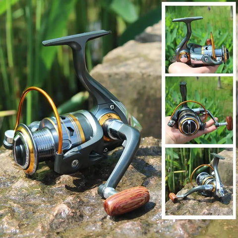 Smooth As Butter Spinning Fishing Reel With 11BB Bearing System And 5.2 To 1 Gear on rock, showing collapsible handle and spool.