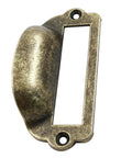 Side view of Eight Pack Antique Bronze Bin Cup Card Catalog Drawer Pulls For Cabinets And Furniture, Apothecary Style.
