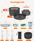 21 Piece Camping Cookware Mess Kit For Two Lightweight Pots And Pans Set With Nonstick Coating package list with dimensions