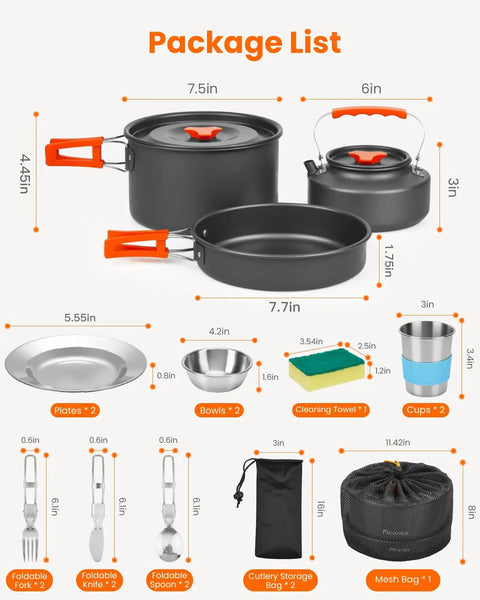 21 Piece Camping Cookware Mess Kit For Two Lightweight Pots And Pans Set With Nonstick Coating package list with dimensions
