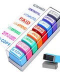 Slick 8 Piece Multicolor Office Stamp Set Featuring No Sweat Self Inking Rubber Design For Quick Document Marking Like Paid Approved And Confidential With Dope Storage Case including colorful stamps and protective storage