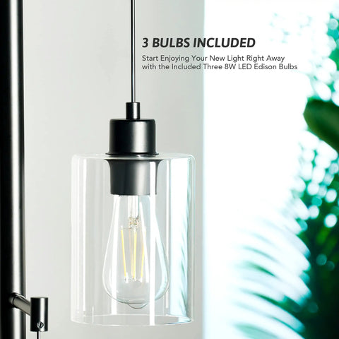Close-up of glass shade with bulb on Dope Tree Style Floor Lamp With Three Glass Shades Rustic Farmhouse Modern Industrial Standing Light For Living Room Bedroom Office Black Metal Frame Eye Catching Spiral Design Versatile Lighting Fixture