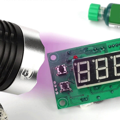 UV light curing Six Pack Solder Mask Ink for BGA PCB Repair with circuit board and bottle, focus on solder resist layer fix.