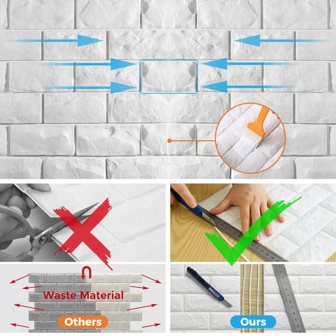 Installation of Peel And Stick 3D Brick Wall Panels White Faux Paneling Waterproof Self Adhesive Wallpaper with tools shown.