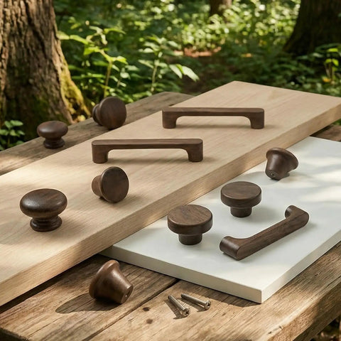 Top Shelf Mid Century Modern Walnut Mushroom Cabinet Knobs Slick Round Drawer Pulls displayed on wood surface, set of ten.