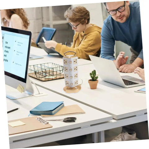Top Shelf Vertical Power Strip With Usb Charging Ports Smart Surge Protector Outlet Tower in an office setting.