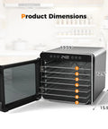 Top Tier Food Dehydrator With Seven Sturdy Stainless Steel Trays And No Sweat One To Twenty Four Hour Timer For Smooth Quiet Jerky Fruit Veggie Herb Treat Drying dimensions displayed with measurements.