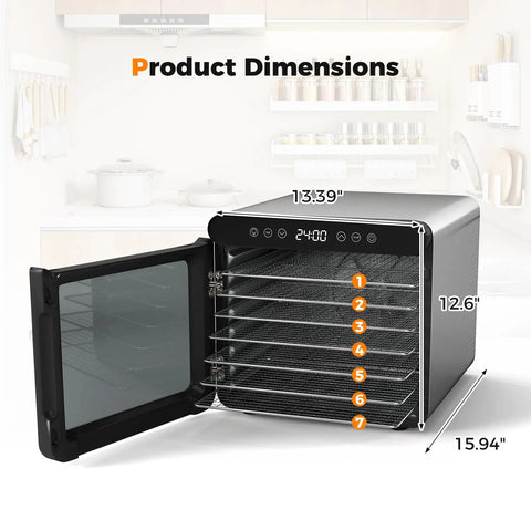 Top Tier Food Dehydrator With Seven Sturdy Stainless Steel Trays And No Sweat One To Twenty Four Hour Timer For Smooth Quiet Jerky Fruit Veggie Herb Treat Drying dimensions displayed with measurements.