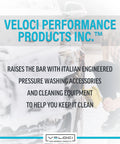 Veloci pressure washer accessories packaging with teal Veloci logo on white background