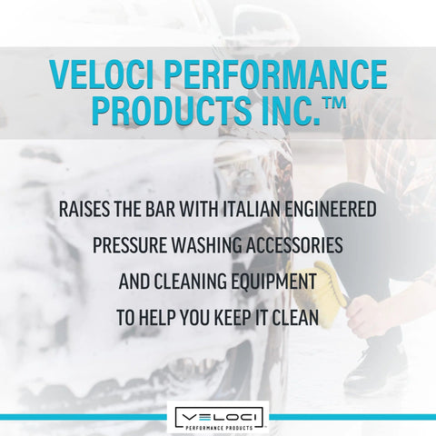 Veloci pressure washer accessories packaging with teal Veloci logo on white background
