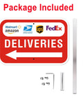 Stress Free Rust Proof Aluminum Delivery Sign With Bold Left Arrow Sturdy 28 Inch Ground Stake showing delivery logos and hardware.