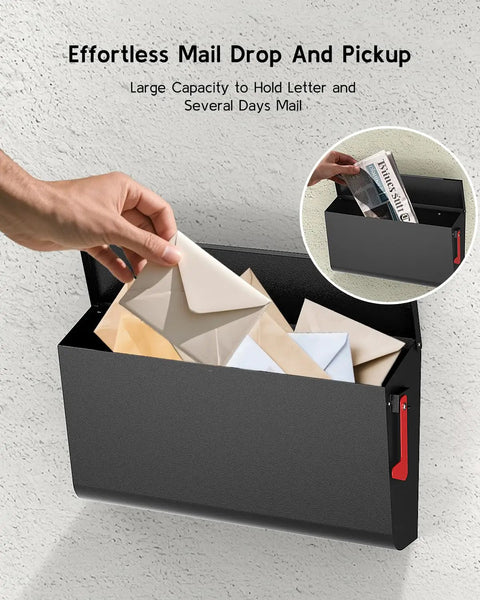 Close-up of black heavy duty wall mount mailbox with flag for outdoor use, showing large capacity, 16.3 x 3.9 x 9.6 inches.