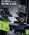 Ball End Allen Wrench Set With Torque Handle 27 Piece Long Arm Hex Key Kit displayed with metric and SAE sizes.