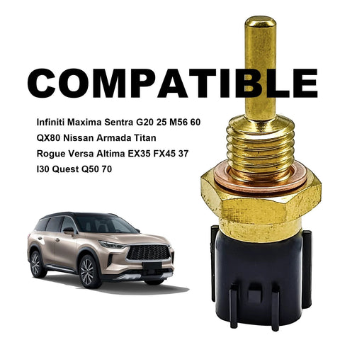 Brass coolant temperature sensor with black plastic connector; compatible with Nissan/Infiniti Armada and Sentra.