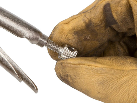 Close-up of 5 Inch Straight Jaw Locking Pliers With Pull To Release Lever being adjusted by a gloved hand, showing threaded screw detail.