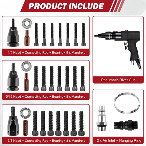 Pro Grade Heavy Duty Pneumatic Rivet Nut Gun Tool With 1 Quarter 5 Sixteenths 3 Eighths Self Locking Heads Embedded Muffler Vent
