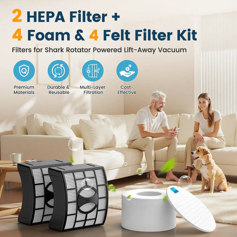 Shark DuoClean Lift Away UV700 Vacuum Filter Replacement Kit with HEPA, foam, and felt filters shown on a living room table