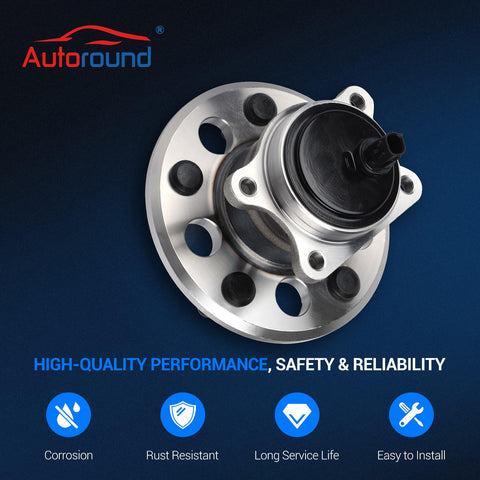 Rear Left Wheel Bearing And Hub Assembly For Toyota Camry 2012 To 2017, Avalon 2013 To 2018, Lexus ES350 2016 To 2019, Five Lug With ABS Driver Side Replacement Direct Fit Ride Ready shown on dark background