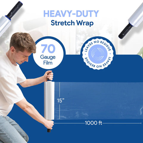 Man using 70 Gauge 15 Inch Plastic Stretch Film With Extended Handles 1000 Ft Clear Moving Industrial Packing Heavy Duty Cling.