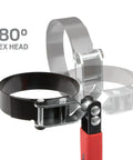 Self Adjusting Oil Filter Wrench With 180 Degree Flex Head showing rotation and soft grip handle for nonslip control.