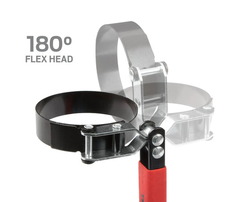 Self Adjusting Oil Filter Wrench With 180 Degree Flex Head showing rotation and soft grip handle for nonslip control.
