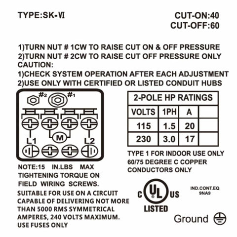 Diagram and specifications for Adjustable Pressure Switch For Water Well Pumps With 40 To 60 PSI Range, Diaphragm Actuated, One Quarter Inch NPT Female Connection, Compatible With One Point Five HP Or Smaller Pumps, Easy Install With Clear Setting Guide.