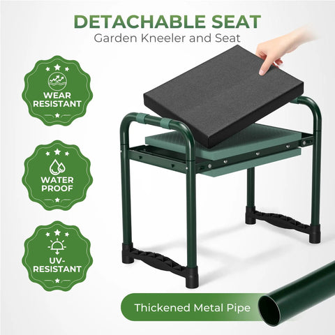 Foldable Garden Kneeler Seat Bench With Cross Body Tool Bag And Removable Pouch Heavy Duty Stool showing detachable cushion