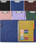 Six Pack 3 Ring Binder Clipboard Set with colored covers, open to show 5 tab dividers and file folder labels, 13.2 by 10.2 inches