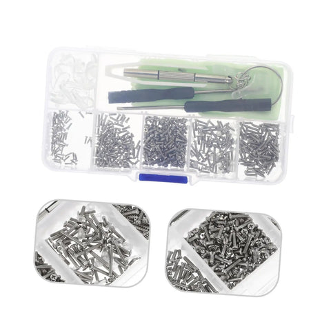 On The Go Eyeglass Repair Kit With Screws Nose Pads And Handy Multitools For Eyewear Watches And Jewelry Repair Keeps Your Specs Fixed Anywhere You Are, showing a clear box with assorted screws, tools, and nose pads.