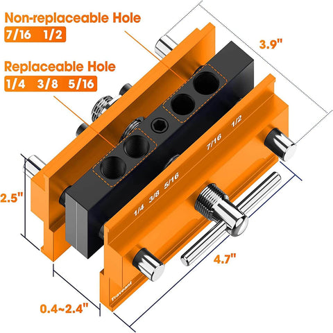 Self Centering Dowel Jig Kit With Drill Guide Bushings For Woodworking Pros, dimensions diagram view