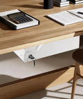 Slick Under Desk Drawer With Lock Sturdy Metal Undermount Storage Slide Tray Organizer For Papers Laptops And Office Gear White 16X11 Point 8 Inch Smooth Ball Bearing Glides home office setup under a wooden desk.