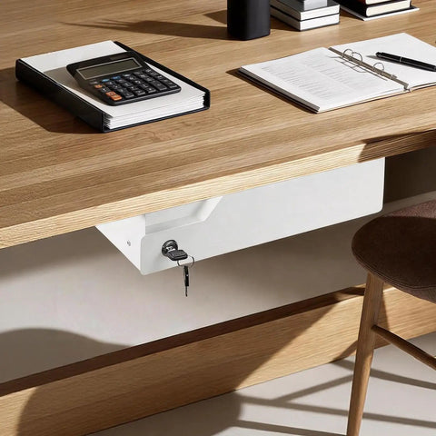 Slick Under Desk Drawer With Lock Sturdy Metal Undermount Storage Slide Tray Organizer For Papers Laptops And Office Gear White 16X11 Point 8 Inch Smooth Ball Bearing Glides home office setup under a wooden desk.