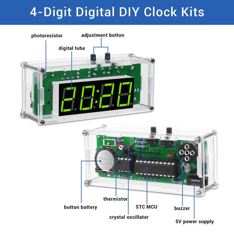 4-Digit DIY Digital Clock Kit With Acrylic Shell showing internal components and adjustable brightness LED display