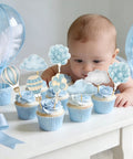 Totally Adorable Hot Air Balloon Cupcake Toppers for Baby Shower Party Decor with pastel balloons and clouds on cupcakes