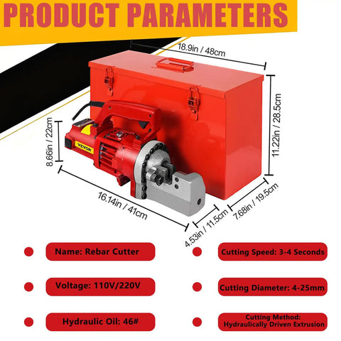 Electric Hydraulic Rebar Cutter 1700W With 1250W/1700W Copper Coil Motor displayed with red case and dimensions
