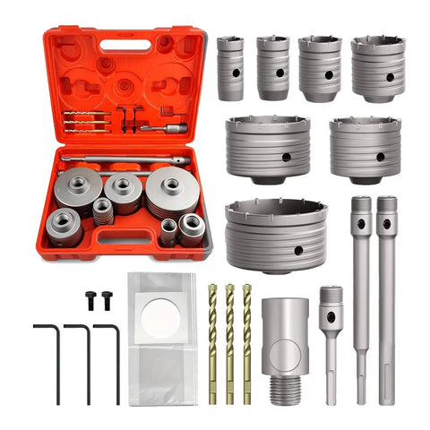 Awesome 7 Piece Concrete Hole Saw Kit With Tungsten Steel Bits And SDS Plus Shank For Brick Stone Wall Jobs Including Dust Bag To Tackle Any Tough Drilling Job With Ease, open case and bits
