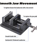 4 Inch Drill Press Vise Beefy Heavy Duty Solid Cast Iron Bench Vise With V Groove Jaws For Precision Drilling In Metalworking And Woodworking Rock Solid Stability Smooth Guide Rails And Easy One Hand Clamp, side view