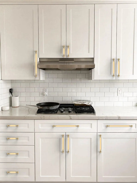 Champagne Bronze Cabinet Pulls Set Of 10, 5 Inch 128mm Solid Zinc Alloy Kitchen Cabinet Handles installed on white cabinets