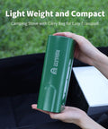 Portable Butane Gas Camping Stove With 7500 BTU Output Ultra Compact Folding Design With Carry Bag For Backpacking RV Trips Picnics And Outdoor Or Indoor Cooking Green shown held in hand for size reference