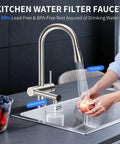 Premium Brushed Nickel Pull Down Kitchen Faucet With Built In Water Filter and Activated Carbon Ultrafiltration Spray Head yields crystal pure drinking water in a modern kitchen.