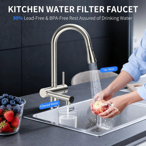 Premium Brushed Nickel Pull Down Kitchen Faucet With Built In Water Filter and Activated Carbon Ultrafiltration Spray Head yields crystal pure drinking water in a modern kitchen.