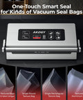 Heavy Duty Commercial Vacuum Sealer Machine With 14 Smart Sealing Modes Including Liquid Settings And Double Heat Seal showing control panel and various bag types.