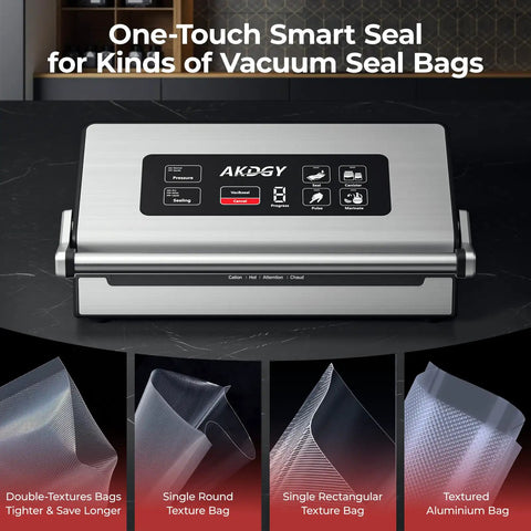 Heavy Duty Commercial Vacuum Sealer Machine With 14 Smart Sealing Modes Including Liquid Settings And Double Heat Seal showing control panel and various bag types.