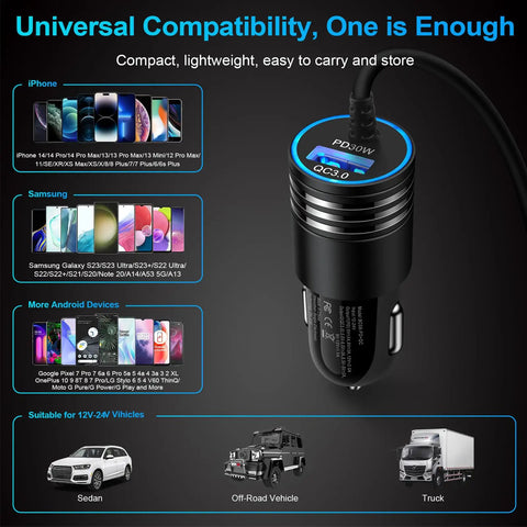 48W USB C Car Charger With Built In 30W Type C Cable Fast Charge Android Car Adapter for multiple devices and vehicle types