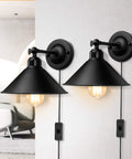 Plug In Black Wall Sconce Two Pack With Antique Swing Arm Industrial Style Lamp No Fuss On Off Cord Switch E26 Base Durable Fixture