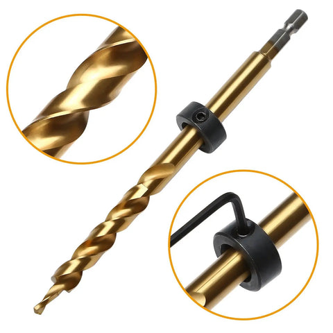 Titanium Coated Pocket Hole Drill Bit Set With Adjustable Depth Stop Collar For Manual Pocket Hole Jig System 3/8 Inch Size