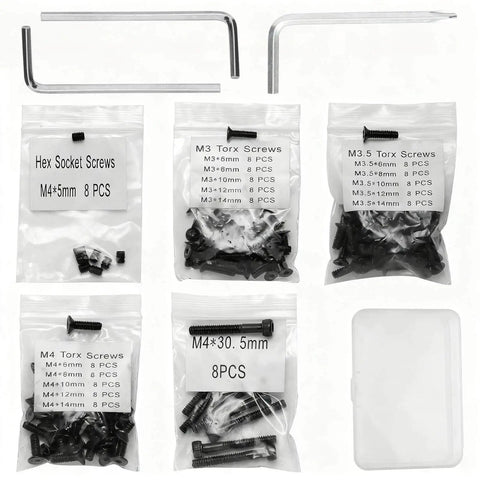 Pro Grade M3 M3.5 M4 Torx Anti Stripping And M4 Hex Screw Set With 6mm 8mm 10mm 12mm 14mm Lengths display, includes tools