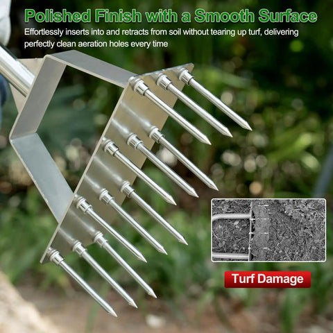 Close-up of Beefy Heavy Duty Stainless Steel Lawn Aerator Tool with 12 Spikes, showing polished finish and soil aeration effect